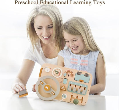 Wooden Montessori Steering Wheel Sensory Activity Board for 1-4 Year Olds, Fine Motor Skills, Travel Busy Board Educational Toys for Boys and Girls