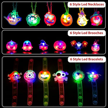 Halloween Party Favors for Kids - 42 PCS LED Halloween Light Up Toys including Necklaces Rings Bracelets Brooches,Glow in the Dark Halloween Decorations,Halloween Treats Non Candy Goodie Bag Fillers
