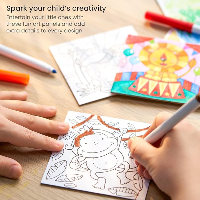 ARTEZA Kids Animals Coloring Kit, 3 Canvases 4 x 4 Inches, 10 Markers, 16 Watercolor Pencils, 1 Paint Brush, 1 Sharpener, Art Set for Kids Activities