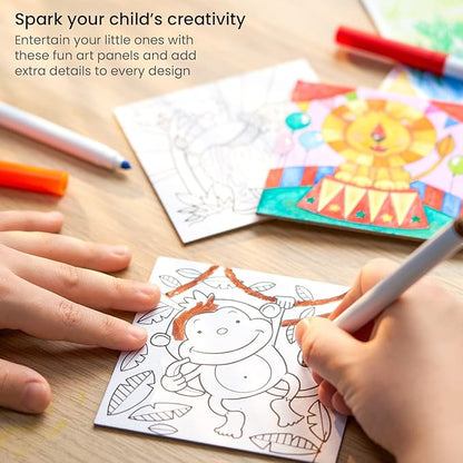 ARTEZA Kids Animals Coloring Kit, 3 Canvases 4 x 4 Inches, 10 Markers, 16 Watercolor Pencils, 1 Paint Brush, 1 Sharpener, Art Set for Kids Activities