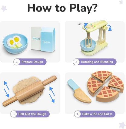 Bimi Boo 10-Piece Wooden Mixer Set for Toddlers - Make-a-Cake Pretend Play Cooking Set - Play Kitchen Accessories for Baking for Boys and Girls