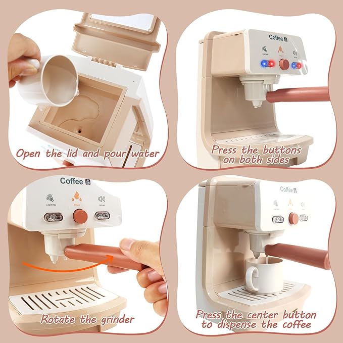 Toy Coffee Maker for Kids, Kids Coffee Playset, Pretend Play Coffee Maker Set, Light and Sound, for Toddler Girls and Boys, Aged 3 4 5 6