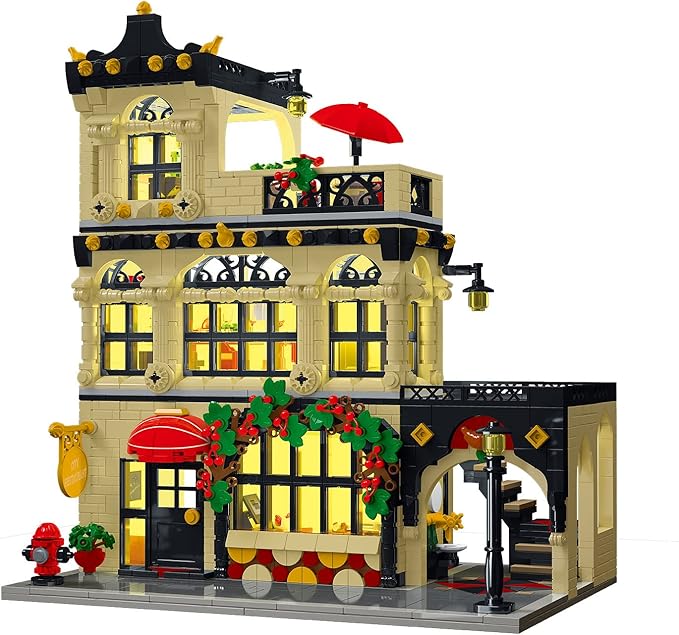 City Restaurant Architecture Building Kit with LED Lights,3 Levels City Restaurant Model Building Blocks Toy,for 12+Age Teen,Adult（1489 Pieces）