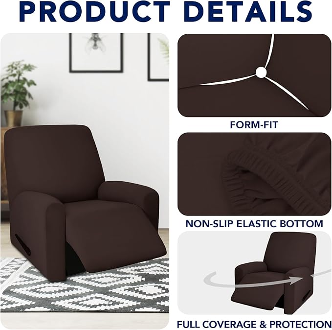 PureFit 100% Dual Waterproof Recliner Cover, Waterproof Couch Cover for Recliner - Stretch Non Slip Fleece Sofa Covers Washable, Leakproof Furniture Protector for Kids, Pets, Dog (Recliner, Chocolate)