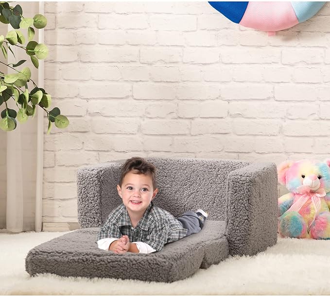 ALIMORDEN 2-in-1 Flip Out Cuddly Sherpa Toddler Couch, Convertible Sofa to Lounger, Grey
