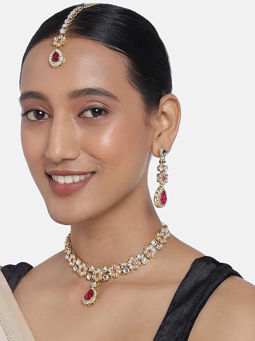 Aheli Traditional Gold Plated Kundan Beads Studded Choker Necklace Dangle Earrings & Maangtikka Set Ethnic Fashion Jewellery Gift for Women