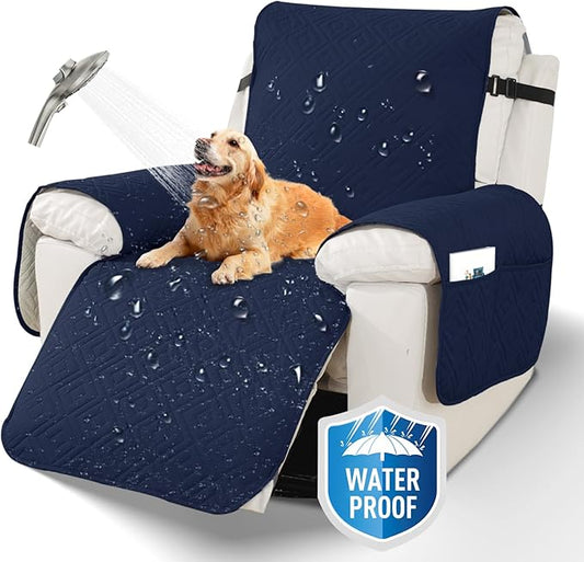 XINEAGE 100% Waterproof Recliner Cover, Non Slip Recliner Chair Cover with Elastic Band, Washable Recliner Slipcover with Storage Pockets for Kids, Pets (Dark Blue, 23")