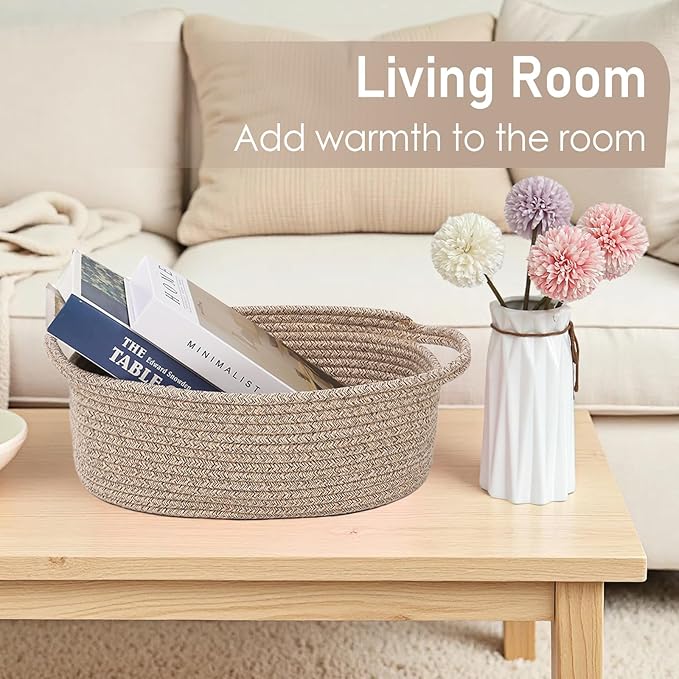 JMvicyroam Woven Basket,Small Rope Storage Bin with Handles & Ribbon Bag, Organizer for Shelves Closets,Gift Basket Empty for Birthday,Books,Dog Toys,Oatmeal/3 Pack