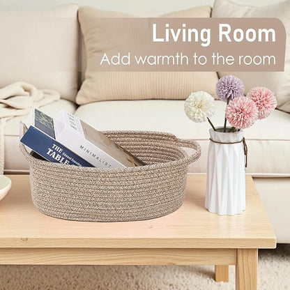 JMvicyroam Woven Basket,Small Rope Storage Bin with Handles & Ribbon Bag, Organizer for Shelves Closets,Gift Basket Empty for Birthday,Books,Dog Toys,Oatmeal/3 Pack