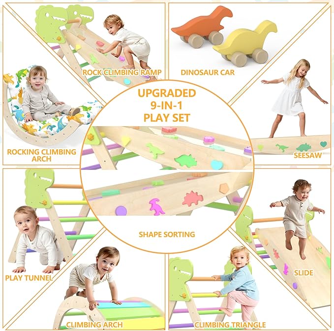 Pikler Triangle Set with Cushion 9 in 1 Climbing Toys for Toddlers 1-3 Indoor Baby Gym Toddler Montessori Toys Wooden Climbing with Maze, Shape Sorting, Dinosaur Car