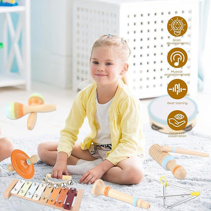 Musical Instruments for Toddlers - Eco-Friendly Wooden Percussion Set with Xylophone, Tambourine, and Maracas in Neutral Colors - Montessori Toys for Perfect Educational Gift for Kids