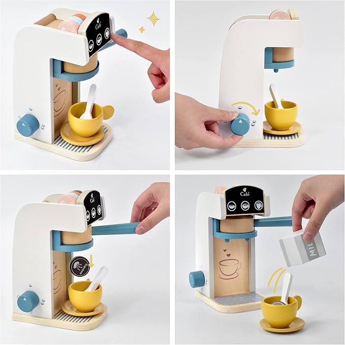 PairPear Kids Wooden Toys Coffee Maker Toy Espresso Machine Playset - Toddler Play Kitchen Accessories Gift for Girls and Boys