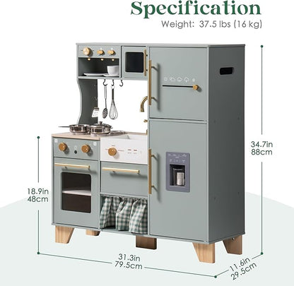 ROBUD Wooden Play Kitchen for Kids Toddlers, Corner Wooden Play Kitchen with Fridge, Ice Maker, Coffee Maker, Juicer, Oven, Dishwasher, Microwave, Utensils, Gift for Ages 3+