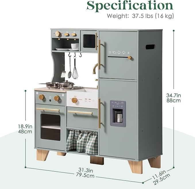 ROBUD Wooden Play Kitchen for Kids Toddlers, Corner Wooden Play Kitchen with Fridge, Ice Maker, Coffee Maker, Juicer, Oven, Dishwasher, Microwave, Utensils, Gift for Ages 3+
