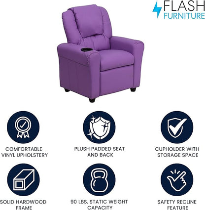 Flash Furniture Vana Vinyl Kids Recliner with Cup Holder, Headrest, and Safety Recline, Contemporary Reclining Chair for Kids, Supports up to 90 lbs., Lavender