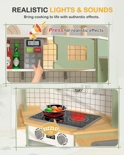 Babytronic Corner Wooden Play Kitchen Set for Kids w/Lights & Sounds, Pretend Play Kitchen Playset with Stove, Microwave, Ice Maker & Accessories, Perfect for Toddlers & Multiple Children (Green)