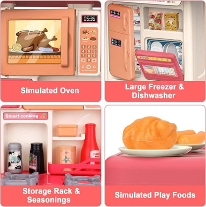 deAO Kids Kitchen Playset 35PCS Play Kitchen Toys Accessories with Sounds Lights,Cooking Stove Steam,Pretend Play for Toddler Aged 3 4 5 6 7 8 Years (Pink)