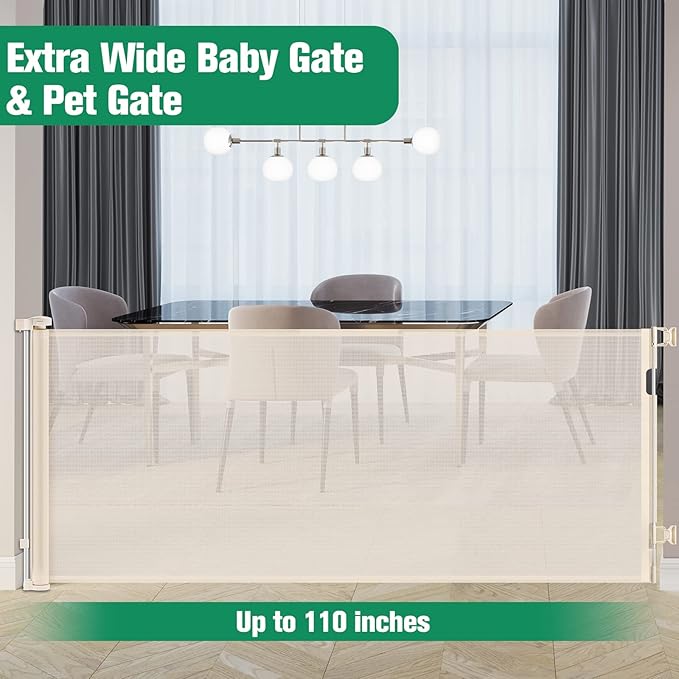 110 Inch Extra Wide Retractable Baby Gate for Large Openings Pet Gates for Dogs Indoor Retractable Baby Gates Outdoor Dog Gates for The House Extra Wide Baby Gate Large Dog Gate for Doorways, Beige