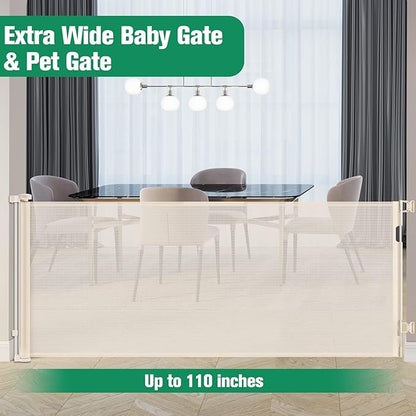 110 Inch Extra Wide Retractable Baby Gate for Large Openings Pet Gates for Dogs Indoor Retractable Baby Gates Outdoor Dog Gates for The House Extra Wide Baby Gate Large Dog Gate for Doorways, Beige