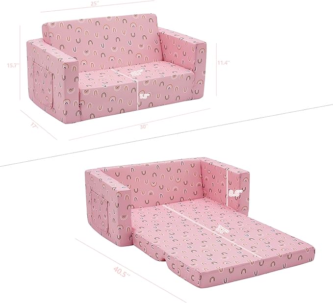 Ulax furniture Kids Sofa Chair Children FILP-Out Chair 2-in-1 Convertible Sofa to Sleeper Couch (Pink Rainbow)