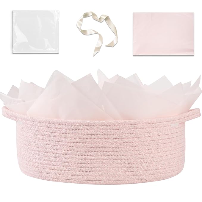 OIAHOMY Gift Basket with Handle, 13.4"x 10"x 5.5" Woven Basket with Gift Bag, Ribbon and Wrap Tissue Paper, Nursery Bins Empty to Fill with Towels, Baby, Pet Toy Organizer - Pink