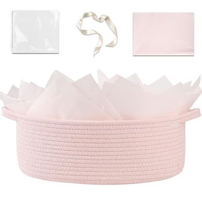 OIAHOMY Gift Basket with Handle, 13.4"x 10"x 5.5" Woven Basket with Gift Bag, Ribbon and Wrap Tissue Paper, Nursery Bins Empty to Fill with Towels, Baby, Pet Toy Organizer - Pink