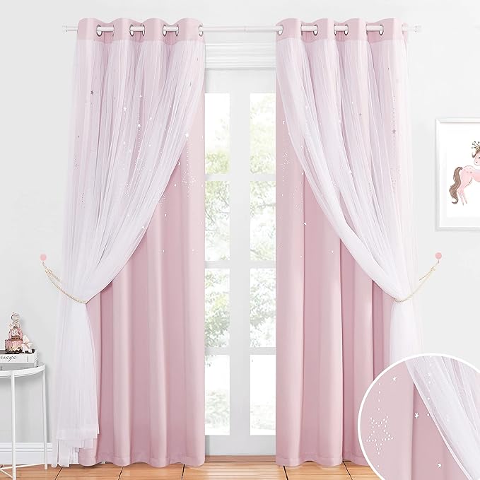 NICETOWN Pink Curtains for Girls Bedroom/Kids Room, Moon and Star Hollow Out Blackout Curtains for Nursery, Double-Layer Grommet Window Drapes for Christmas Decor, 52" W by 84" L, Set of 2