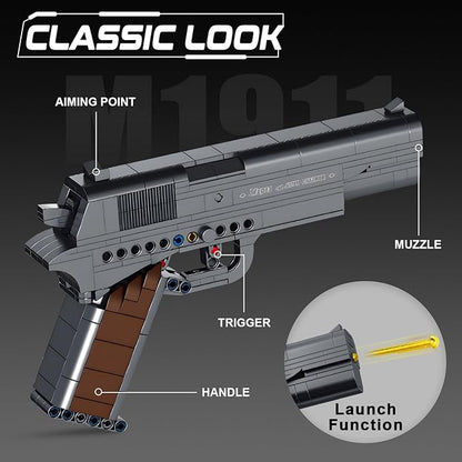 Finger Rock M1911 Pistol Model Guns Building Blocks Toy Set, DIY Simulation Handheld Gun Mechanical Model Kits, 333 pcs Collectible Construction Shootable Sniper Toys Gifts for Teens Boys Aged 14+