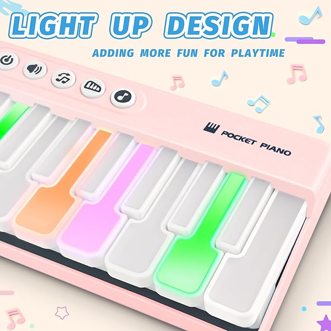 Mini Keyboard Piano Toy, Portable Light Up Pocket Piano for Toddlers Kids (Pink)