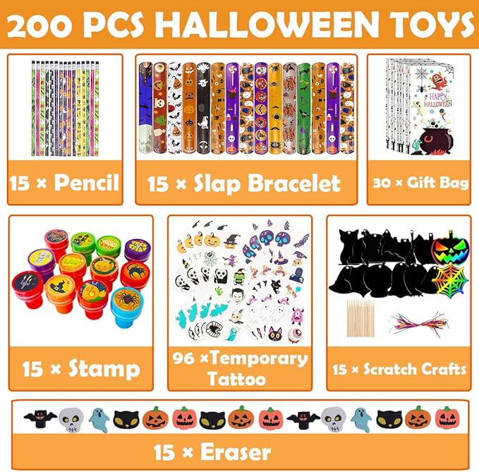 200 PCS Halloween Goodie Bag Fillers Stationery Set, Assorted Halloween Party Favors for Kids, Kids Halloween Toys Bulk Non Candy Halloween Treats Pencils, Eraser, Stamps, Slap Bracelets