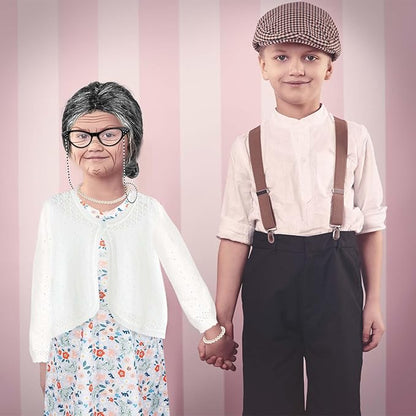 Kids 100 Days of School Costume for Girls Cosplay Outfit Including Grey Wig Cardigan Sweater Floral Dress Cat Eye Glasses