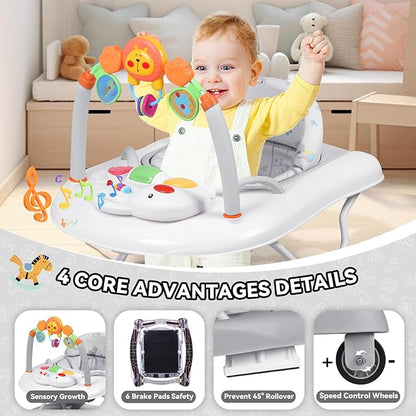 Baby Walker, 5 in 1 Baby Walkers for Boys Girls 6-12 Months, Foldable Walkers for Babies with Bouncer & Feeding Tray, Music, Adjustable Heights, Activity Walker for Infant