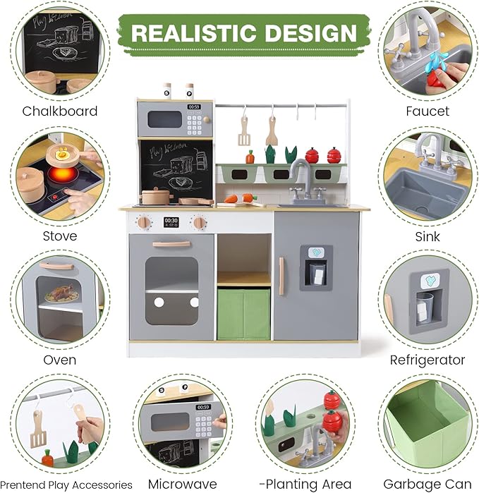 Play Kitchen for Kids, Wooden Play Kitchen with Toy Storage System, Kids Play Kitchen with Cookware Accessories, Kids Play Kitchen Designed, Gift for Ages 3+