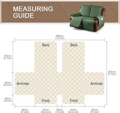 KinCam Waterproof Loveseat Recliner Cover, Non-Slip Reclining Couch Covers for 2 Seat, Recliner Sofa Cover Furniture Protector with Elastic Straps for Kids, Pets, Vine Green