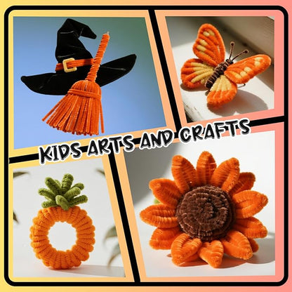 Orange Pipe Cleaners Crafts,100pcs Chenille Stem,DIY Arts and Crafts Supplies for Halloween/Christmas Room Decor Indoor,Art Supplies for Kids,Stem Toys for Ages 5-7,Teen Girl Gifts,Handmade Flower