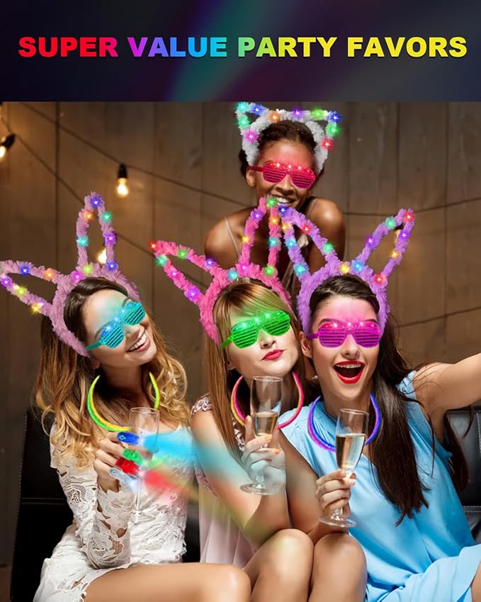 Glow in the Dark Party Supplies for Kids Adults, Glow Party Favors, Light Up Toys 100 Glow Sticks Bulk Party Pack, Bracelets LED Glasses Finger Lights Headband for Wedding Birthday New Year Halloween