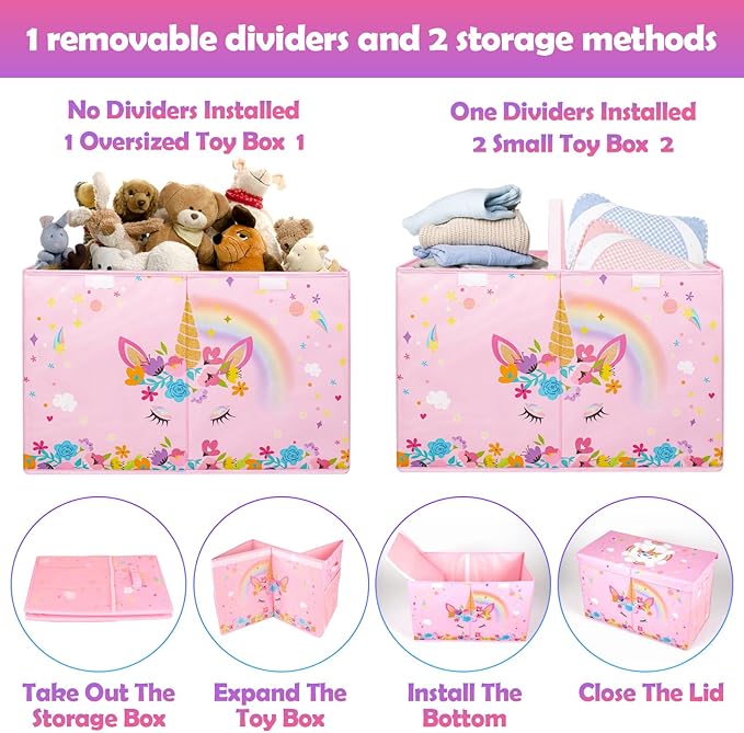 Mabahoo Large Toy Box, Collapsible Sturdy Kids Storage Organizer for Boys Girls, 25"x13"x16" Storage Box with Lids, Toy Chest Bins Basket for Living Room, Playroom, Nursery, Pink