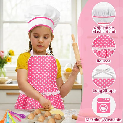 Kids Cooking Baking Set , Kids Kitchen Pretend Play Toys, Kids Chef Role Play Costume Set - Chef Hat and Matching Pink Apron, Birthday Xmas Gifts for 3-8 Year Old Girls Toys