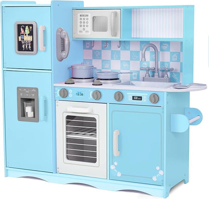 Lil' Jumbl Kids Kitchen Set, Pretend Wooden Play Kitchen with Chalk Board, Play Phone, Towel Rack & Ice Dispenser, Clicking Knobs, Pots & Utensils Included - Blue