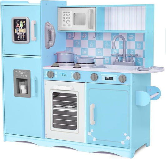 Lil' Jumbl Kids Kitchen Set, Pretend Wooden Play Kitchen with Chalk Board, Play Phone, Towel Rack & Ice Dispenser, Clicking Knobs, Pots & Utensils Included - Blue