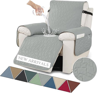 XINEAGE 100% Waterproof Recliner Chair Covers with Elastic Straps, Nonslip Reclining Couch Covers Washable Recliner Couch Cover with Pockets Furniture Protector for Pets Dogs (Light Gray, 30")