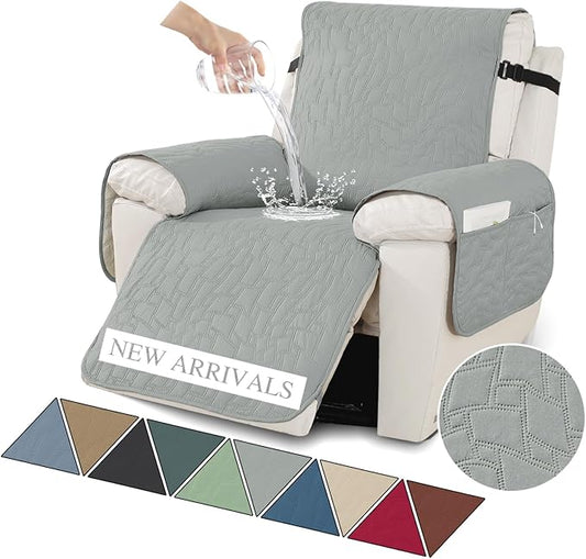 XINEAGE 100% Waterproof Recliner Chair Covers with Elastic Straps, Nonslip Reclining Couch Covers Washable Recliner Couch Cover with Pockets Furniture Protector for Pets Dogs (Light Gray, 30")
