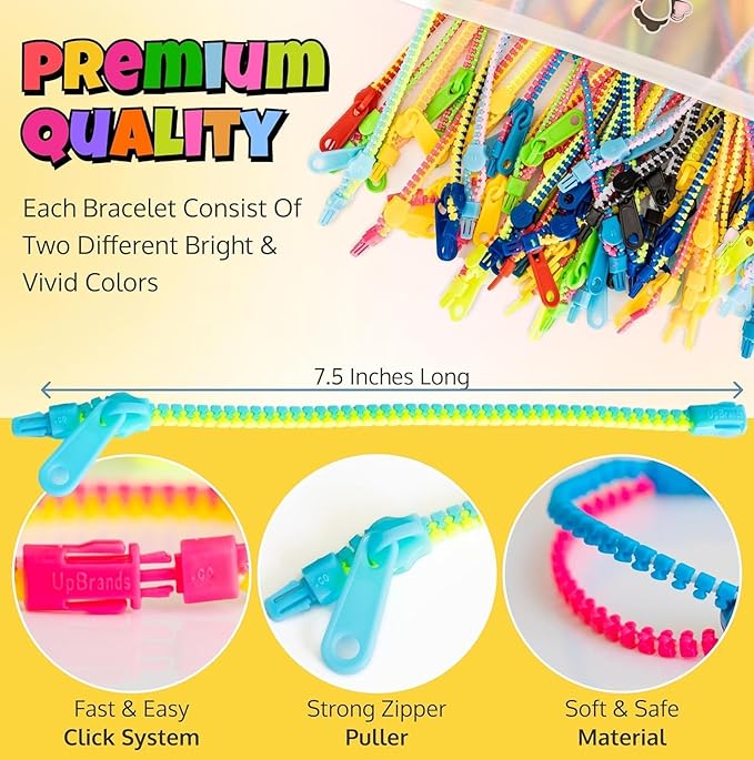 UpBrands Bi-Color 7 1/2-Inch Zipper Bracelets (12-Pack) | Kids' Trendy Dual-Tone Friendship Accessory, Perfect Fidget Toy for Classroom and Parties, Zipper Fun for All Ages