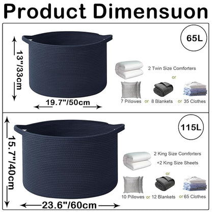 115L Extra Large Navy Blue Woven Cotton Rope Basket with Handles, Kids Nursery Laundry Hamper for Toys, Blankets, Pillows & Comforters, Storage Bin for Bedroom & Playroom