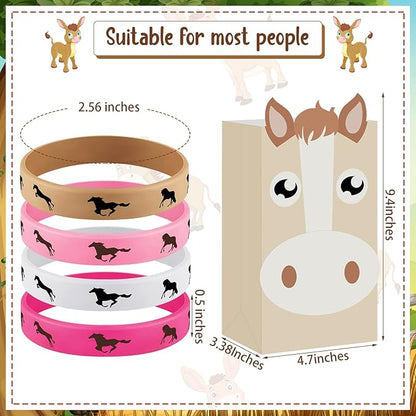 36 Pcs Horse Party Favors Including Horse Treat Favor Bags Horse Party Bag Cowboy Candy Bags Horse Rubber Bracelets for Baby Shower Horse Birthday Party(Light Brown, Rose, Pink, White)