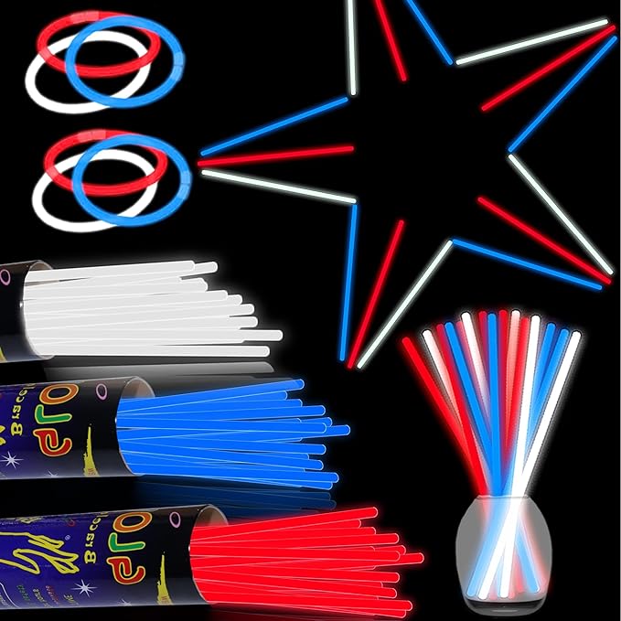 150 pk 8" Glow Sticks Bulk Party Favors, Light up Glow Necklaces & Bracelets in the Dark Party Supplies For 4th of July Halloween Birthday Neon Party (150 * Blue Red White)
