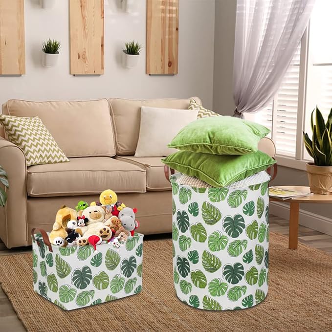NTAOHAMPER Round Green Laundry Hamper, Jungle Themed Nursery Decor, Tropical Pattern Basket, Monstera Room Decor,Waterproof Storage Bin, Gift Basket(Leaf)