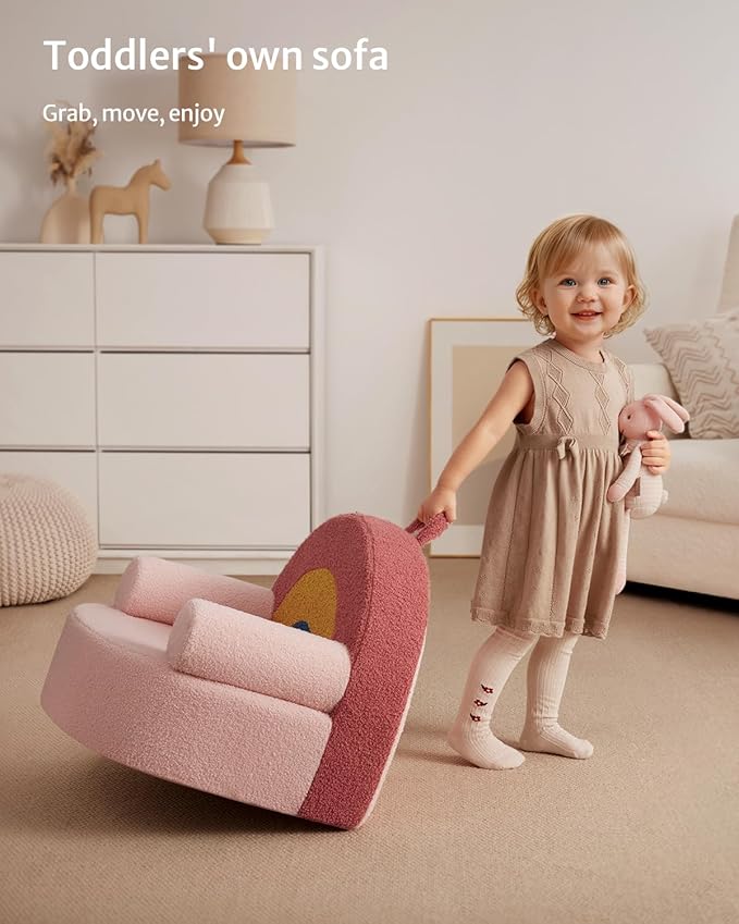 Blissful Diary Toddler Chair Comfy, Foam Kids Chair with Soft Teddy Plush, Toddler Reading Armchair with Cute Rainbow Designs- Blush Pink