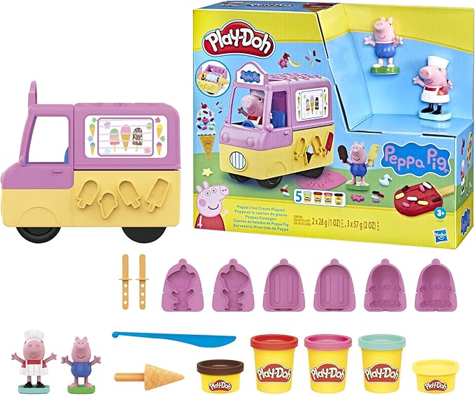 Play-Doh Peppa's Ice Cream Playset with Truck, Peppa Pig and George Figures, and 5 Non-Toxic Modeling Compound Cans, Toy for Kids 3 Years and Up