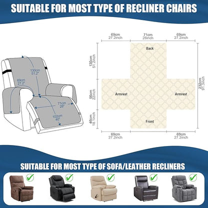 TAOCOCO 100% Waterproof Recliner Covers, Recliner Sofa Covers with Leg Straps, Reversible Recliner Couch Cover for Reclining Chair, Washable Couch Protector for Pets Kids(1 Seater 28", Off Whit)